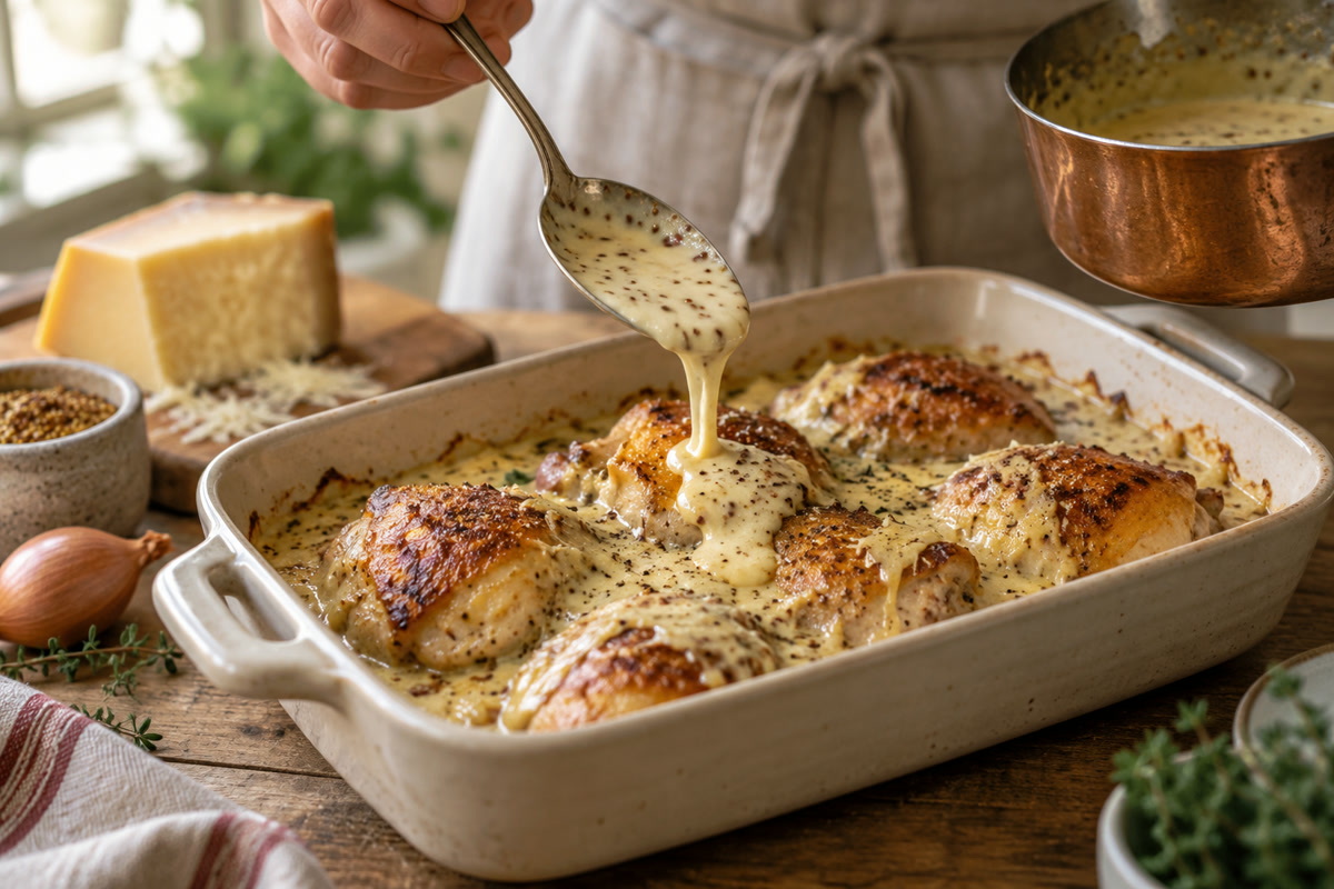 Sauce au comté versée sur des morceaux de poulet avant le passage au four