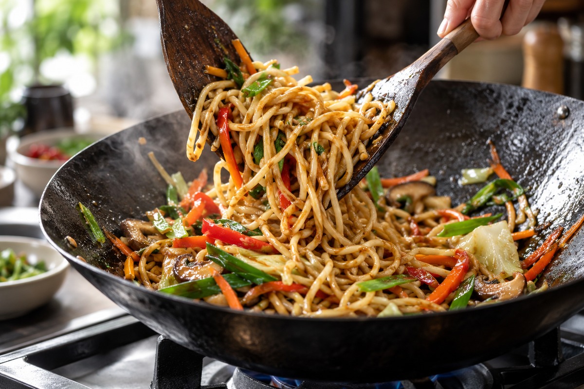Nouilles encore fermes ajoutées dans un wok avec des légumes émincés