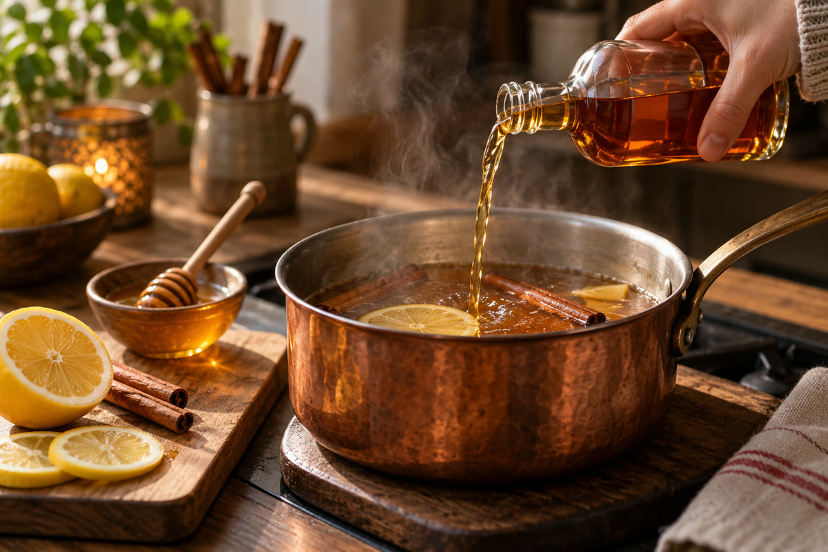 Grog au rhum servi dans deux verres préchauffés avec citron et cannelle