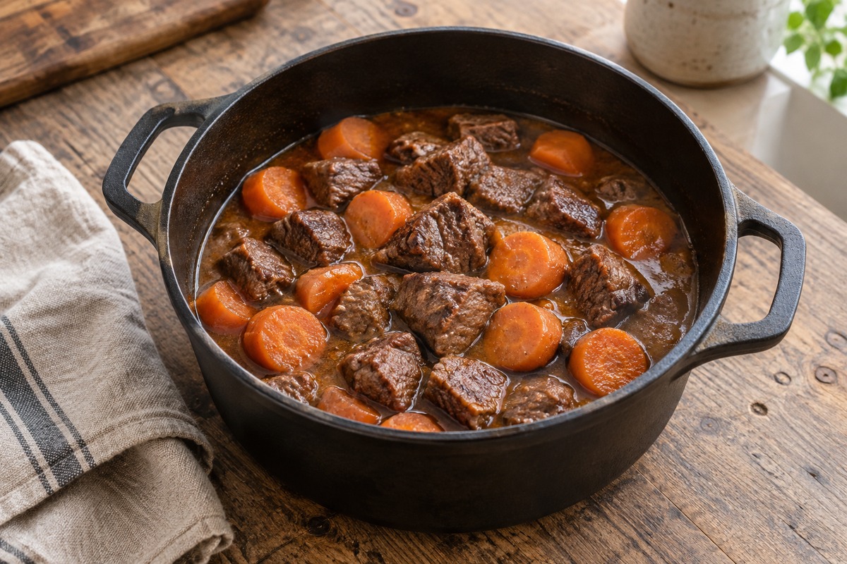 Illustration de Le bœuf aux carottes devient fondant quand la cocotte ne bout jamais fort