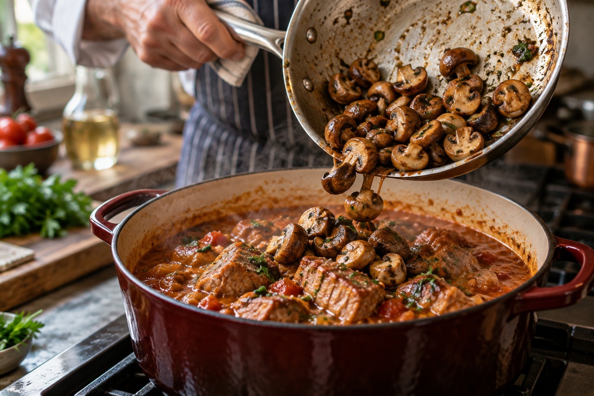 Champignons sautés versés dans une cocotte de veau Marengo en sauce tomate