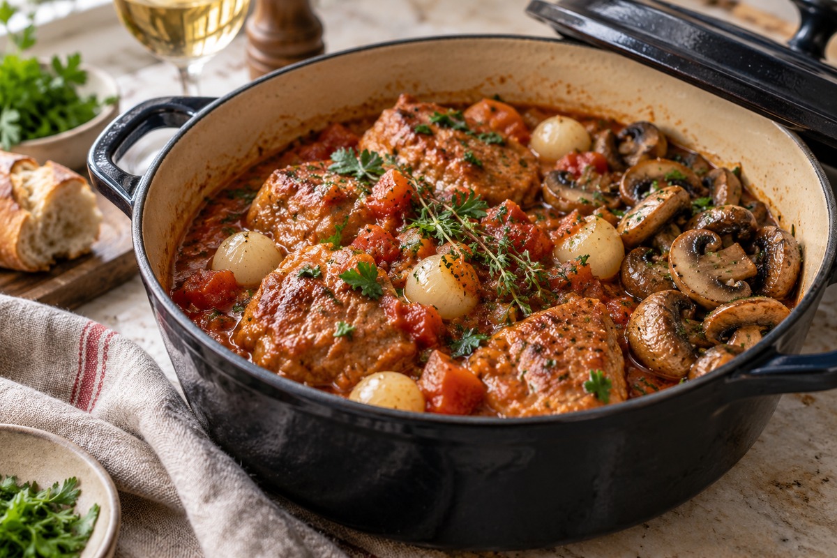Veau Marengo en cocotte avec sauce tomate, petits oignons et champignons dorés ajoutés à part