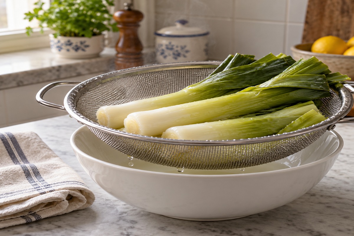 Poireaux cuits égouttés avant leur vinaigrette