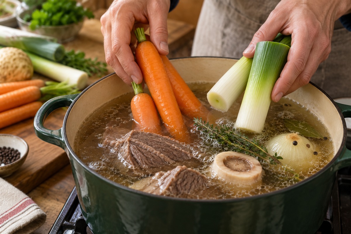Pot-au-feu de bœuf au frémissement, avec carottes, poireaux, navets et pommes de terre