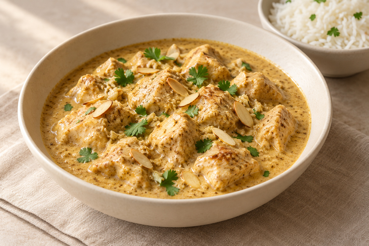 Poulet korma dans une sauce crémeuse aux épices avec du riz basmati