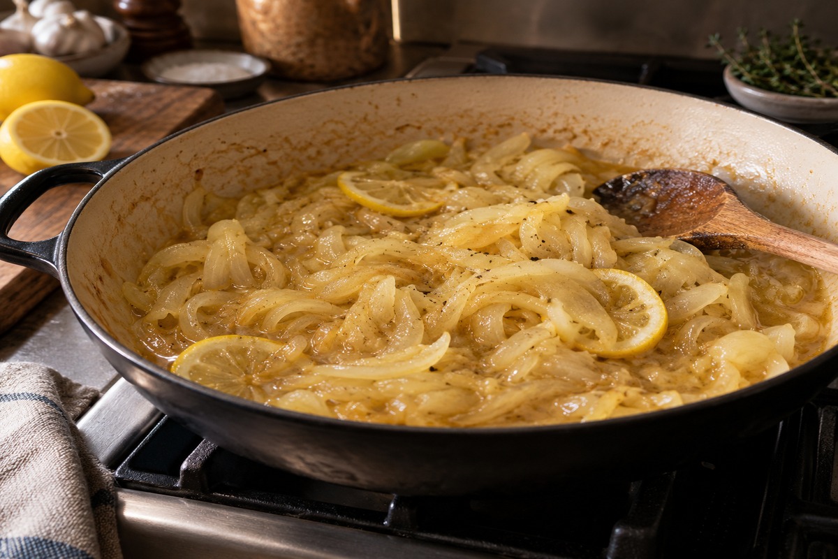 Oignons du poulet yassa qui cuisent doucement dans leur marinade citronnée