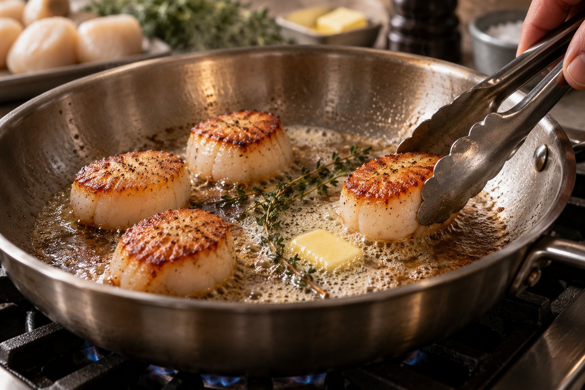 Coquilles Saint-Jacques dorées à la poêle, prêtes à servir