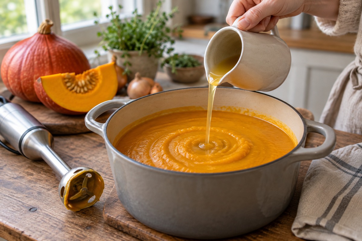 Ajout progressif de bouillon dans un velouté de potimarron déjà mixé